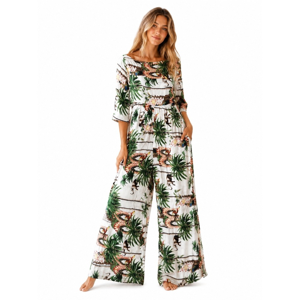 Jaase Jumpsuit Women S White Tropical Jungle Print Wide Leg Off Shoulder Boho